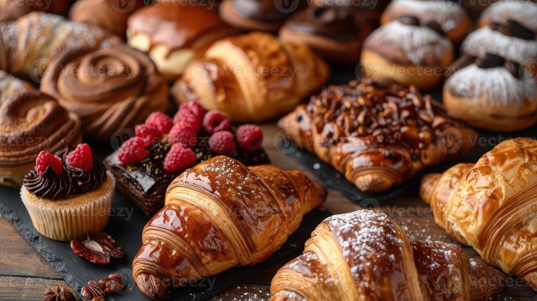 A tempting array of pastries showcasing croissants, chocolate rolls, and berries, perfect for any bakery or dessert collection. photo
