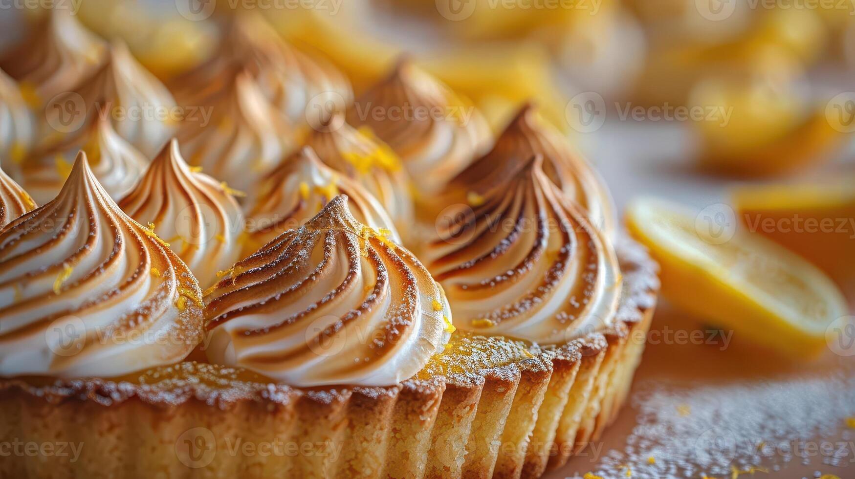 Delicious lemon meringue pie with golden peaks, garnished with lemon slices, perfect for dessert lovers and culinary enthusiasts. photo