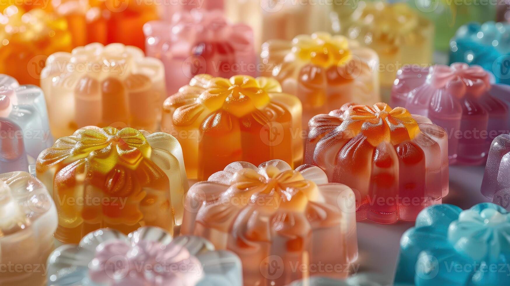 Colorful and vibrant jelly candies arranged beautifully, showcasing various shapes and shades that delight the senses. photo