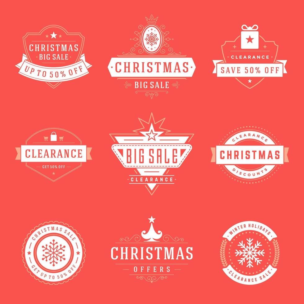 Christmas sale labels and badges with text typographic decoration design vintage style set vector