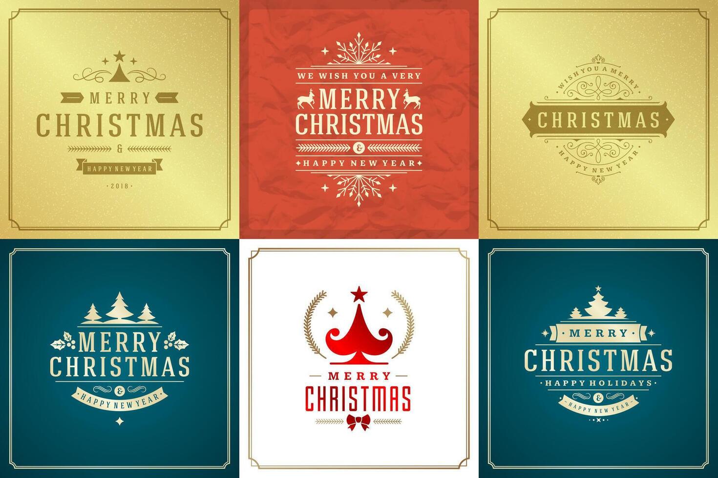 Christmas greeting cards set design template with decoration labels illustration. vector