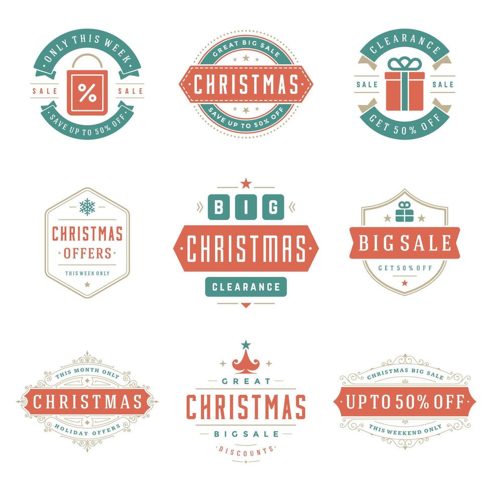 Christmas sale labels and badges with text typographic decoration design vintage style set vector