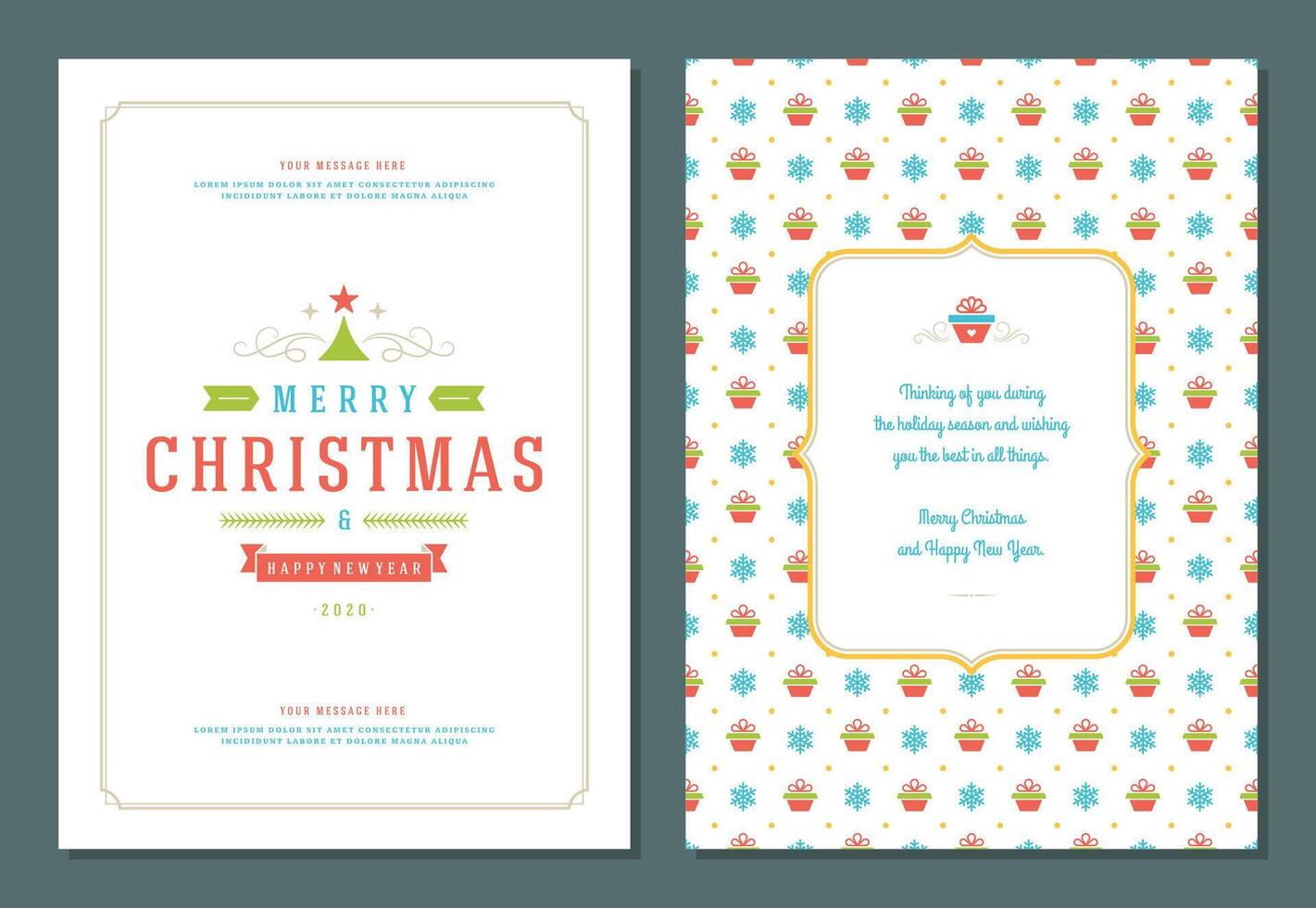 Christmas greeting card design template with decoration label illustration and pattern background vector