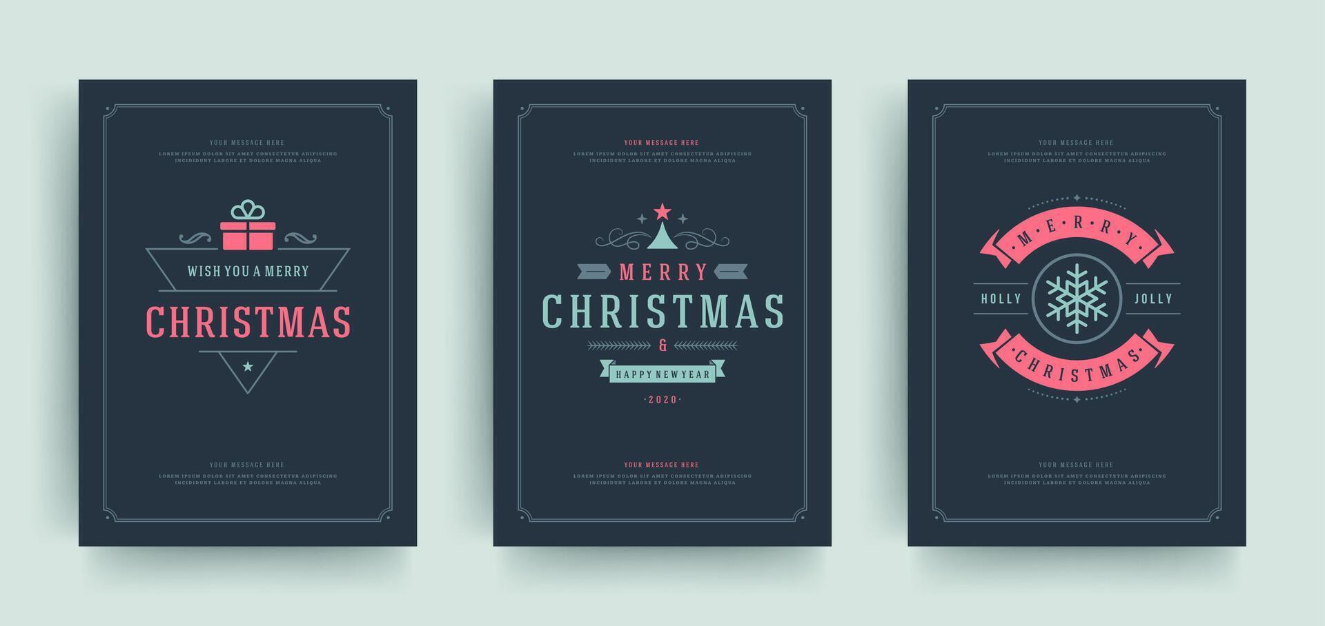 Christmas greeting cards set design template with decoration labels illustration. vector