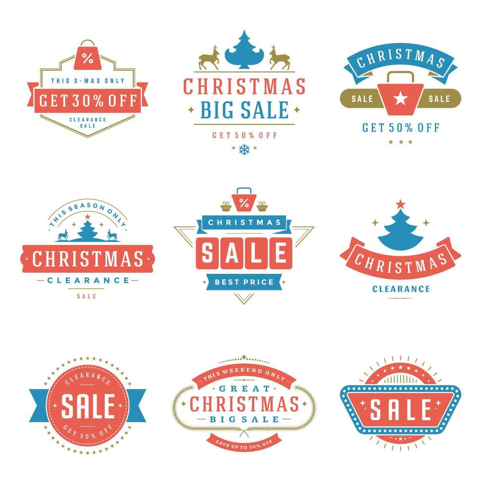 Christmas sale labels and badges with text typographic decoration design vintage style set vector