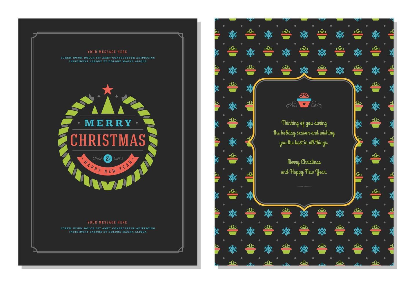 Christmas greeting card design template with decoration label illustration and pattern background vector