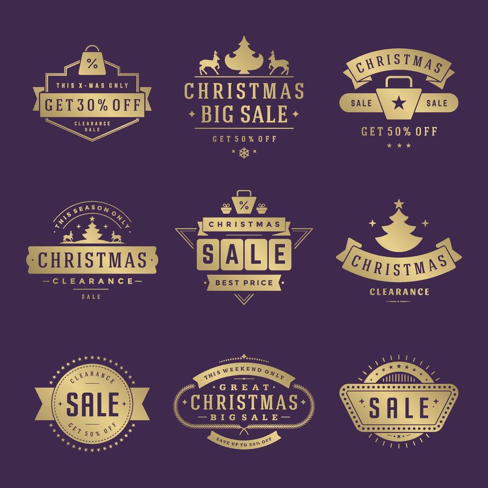 Christmas sale labels and badges with text typographic decoration design vintage style set vector