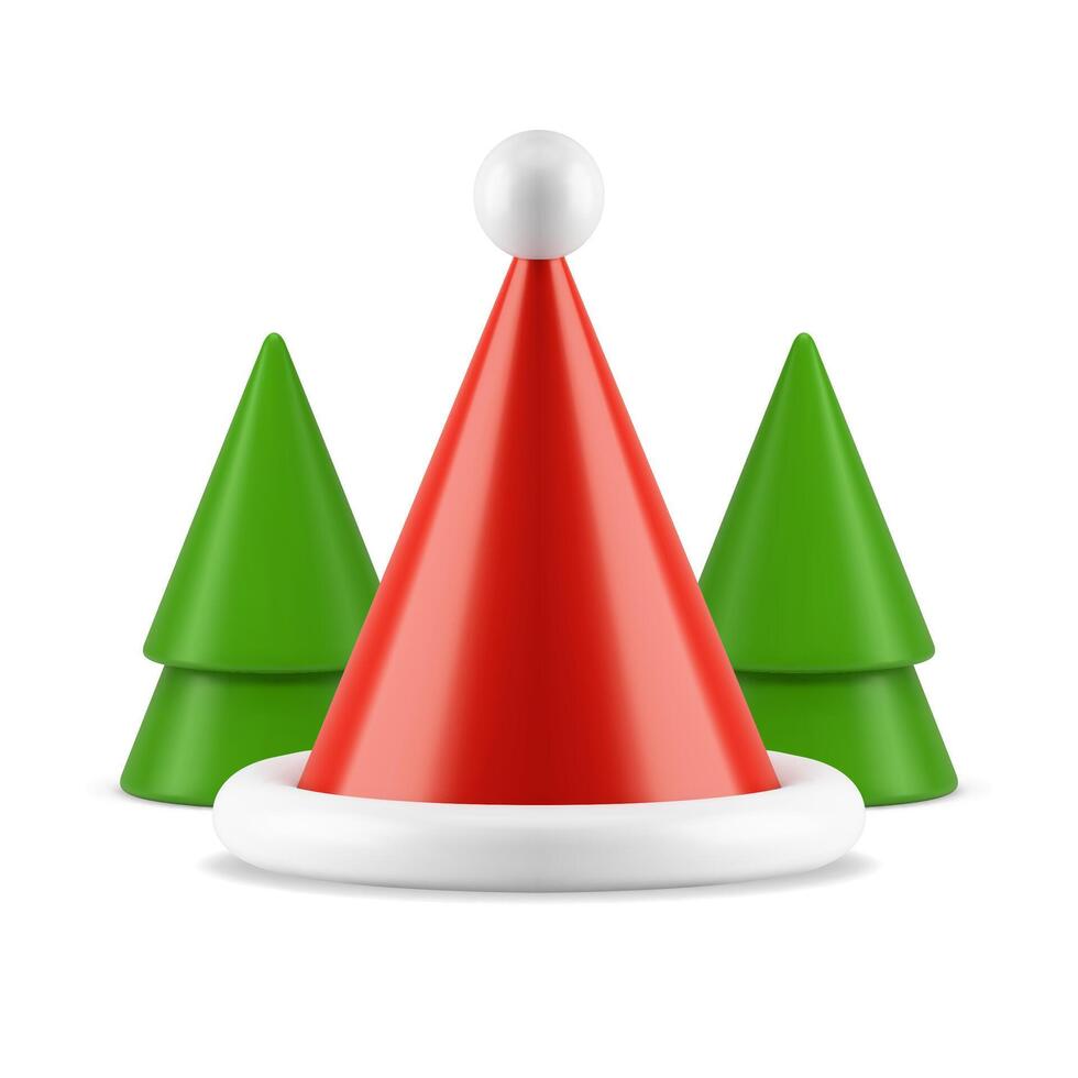 Christmas toy Santa Claus cone cap with minimalist green spruce 3d icon realistic vector