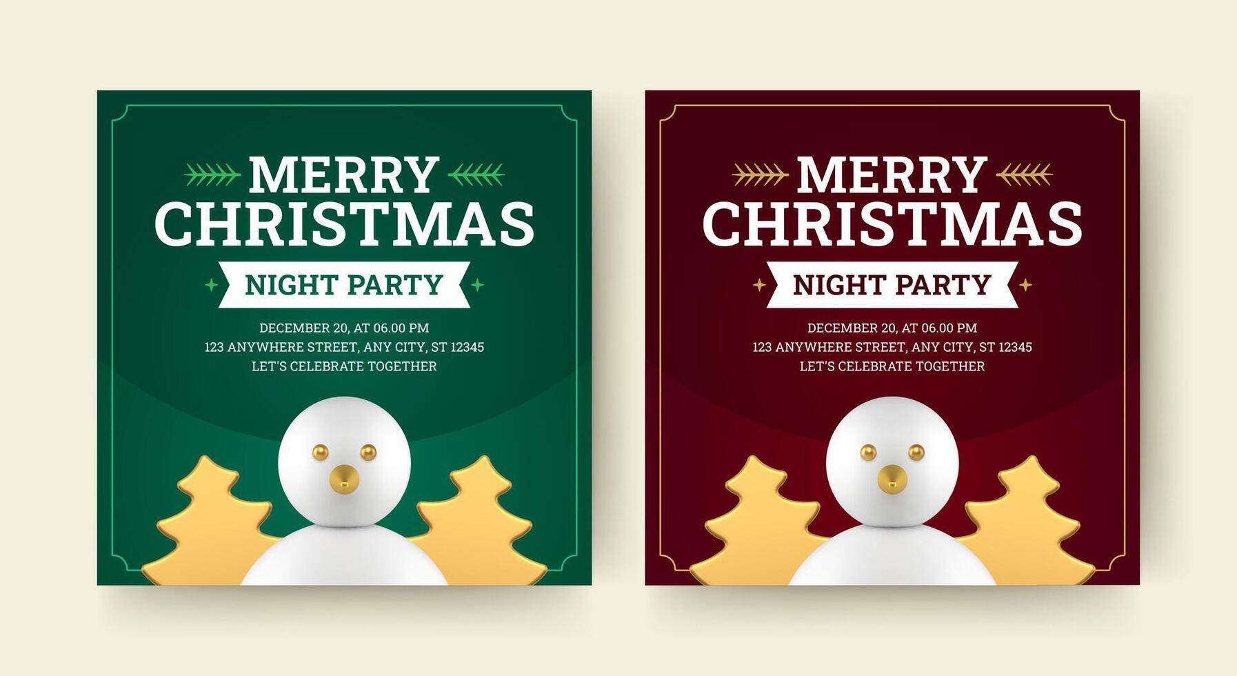Merry Christmas night party invitation social media post design template set realistic vector