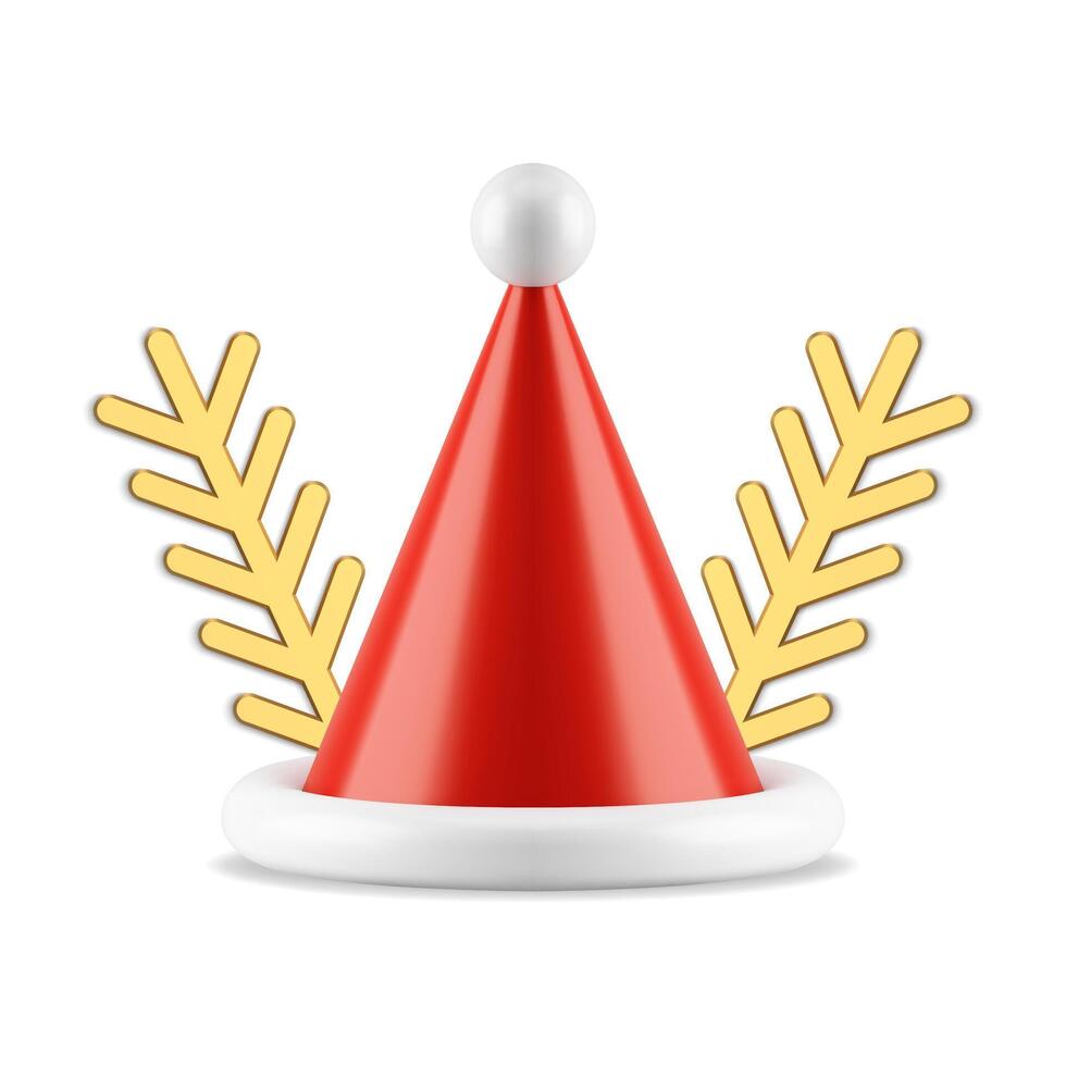 Christmas bauble red Santa Claus cone hat and golden spruce branch 3d icon realistic vector