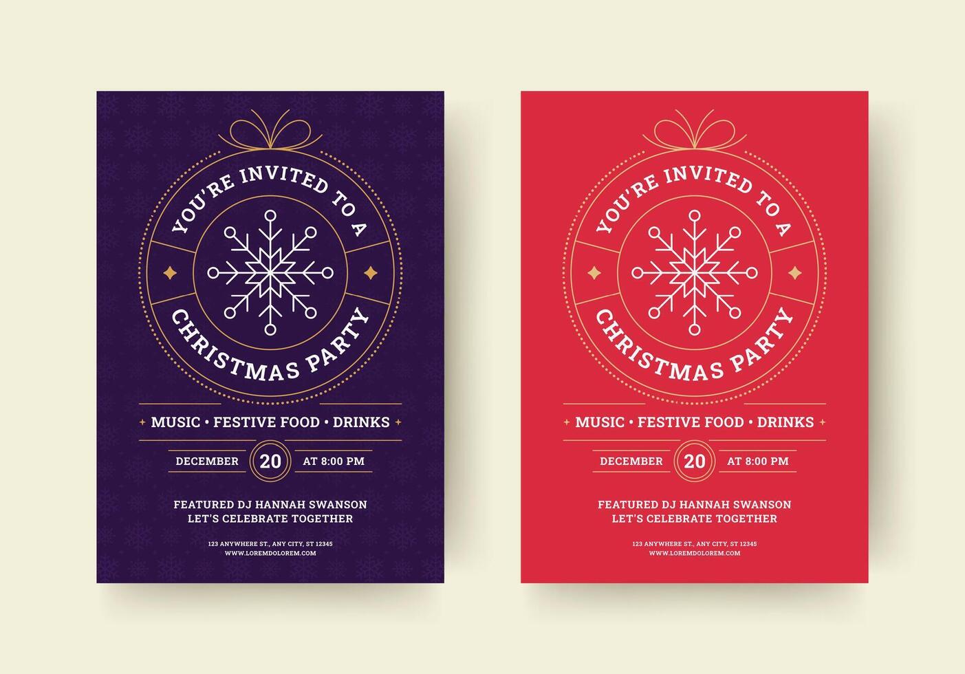 Christmas night party event announce retro flyer design template set flat illustration vector