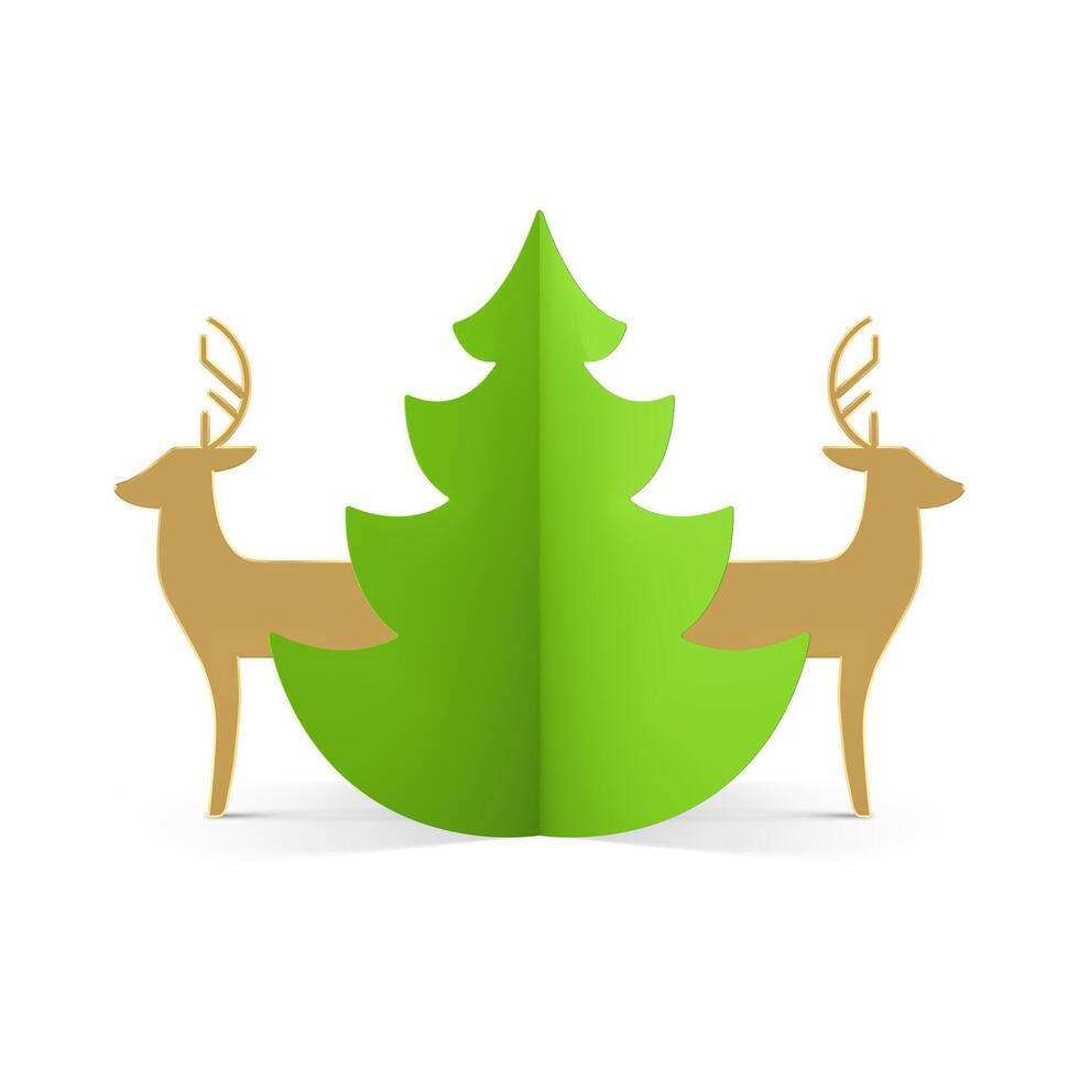 Green Christmas tree with luxury golden minimalist deer toy 3d icon realistic illustration vector