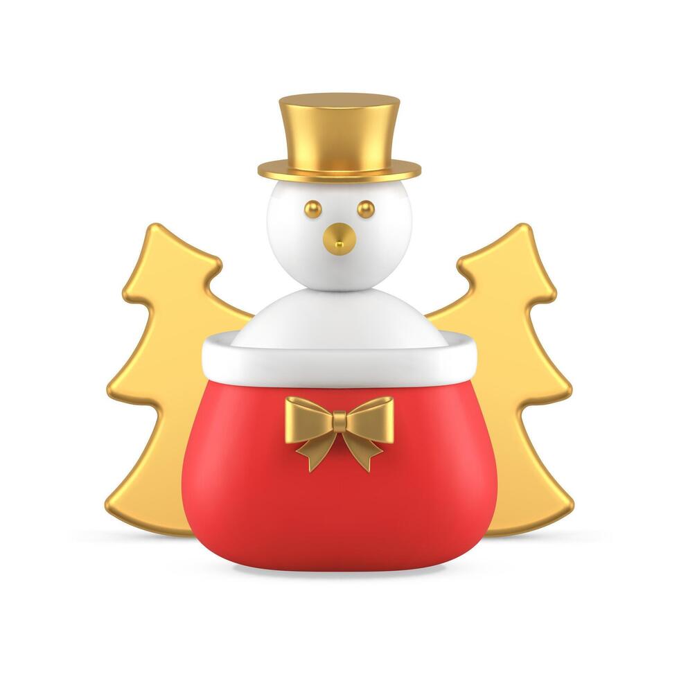 Christmas toy snowman in Santa Claus sack with golden tree 3d icon realistic illustration vector