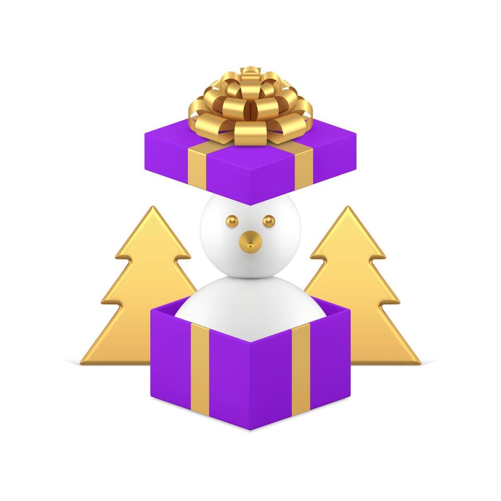 Christmas surprise snowman in open gift box with spruce toy 3d icon realistic illustration vector