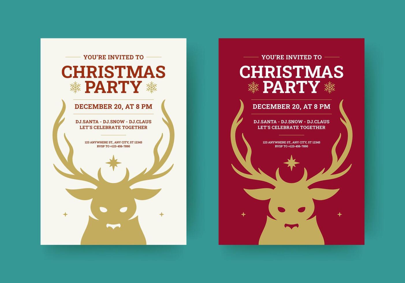 Christmas party invitation retro flyer with deer design template set flat illustration vector