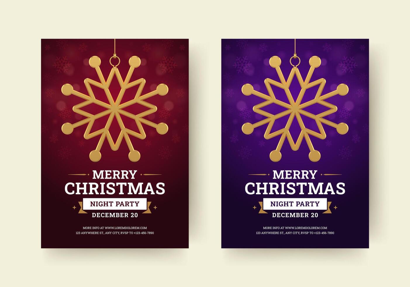 Christmas night party flyer with snowflake bauble design template set realistic vector