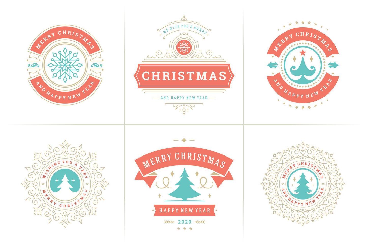 Christmas ornate labels and badges set, happy new year and winter holidays wishes typography for greeting cards vector