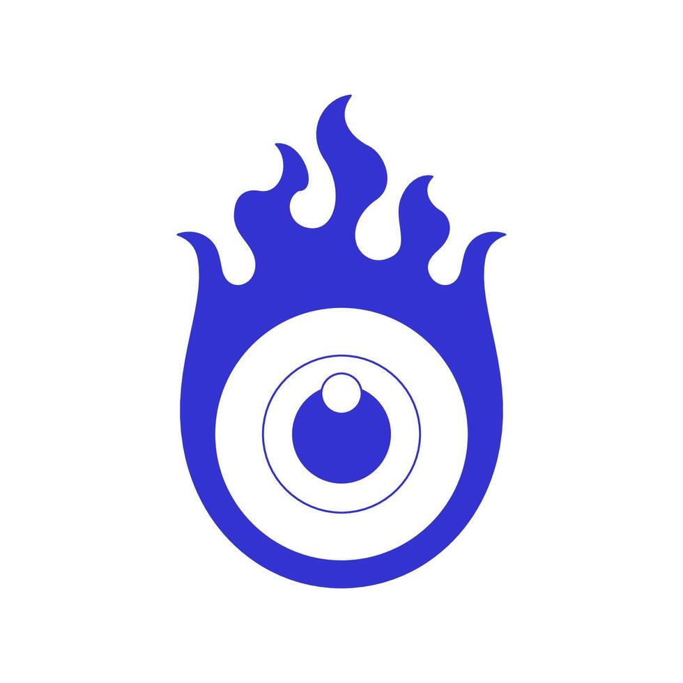 Y2k psychedelic eye with burning flame comic groovy blue line icon flat illustration vector