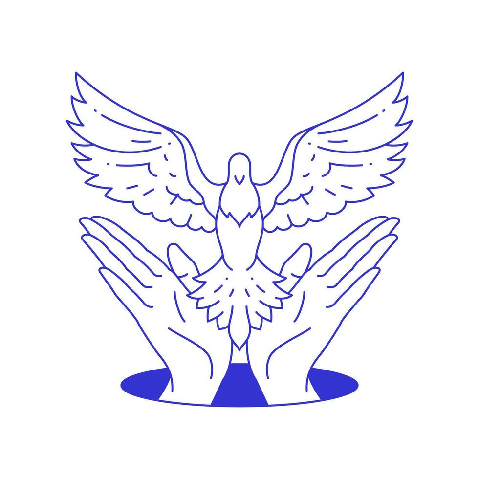 Y2k human hands holding dove pigeon from hole contemporary pop art line icon flat vector