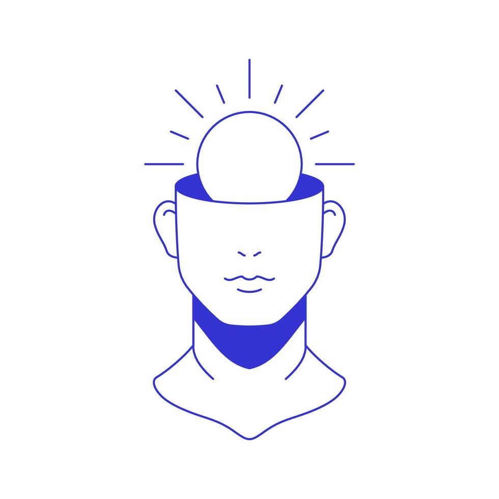Y2k man head with bright sun sculpture bust contemporary pop art blue line icon flat vector
