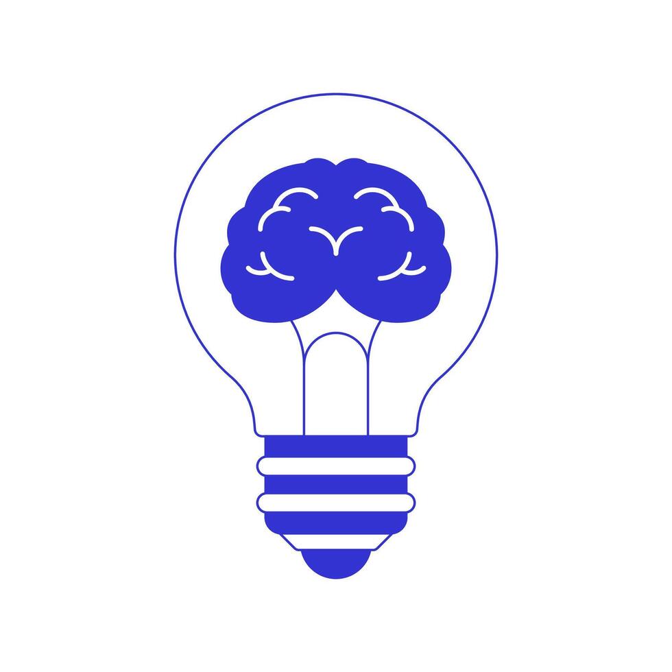 Y2k comic light bulb with brain psychedelic blue pen ink line icon flat illustration vector