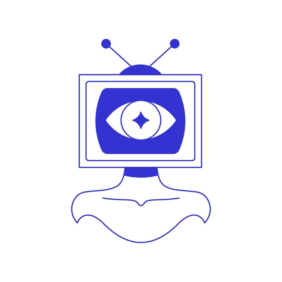Y2k psychedelic woman bust with retro tv set head contemporary pop art line icon flat vector