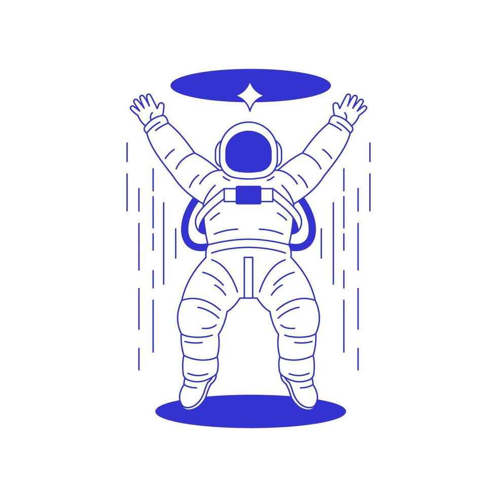 Y2k happy cosmonaut in space suit flying in universe hole line icon flat illustration vector