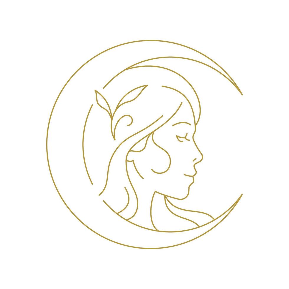 Botanical woman with crescent portrait minimal golden line art icon illustration vector