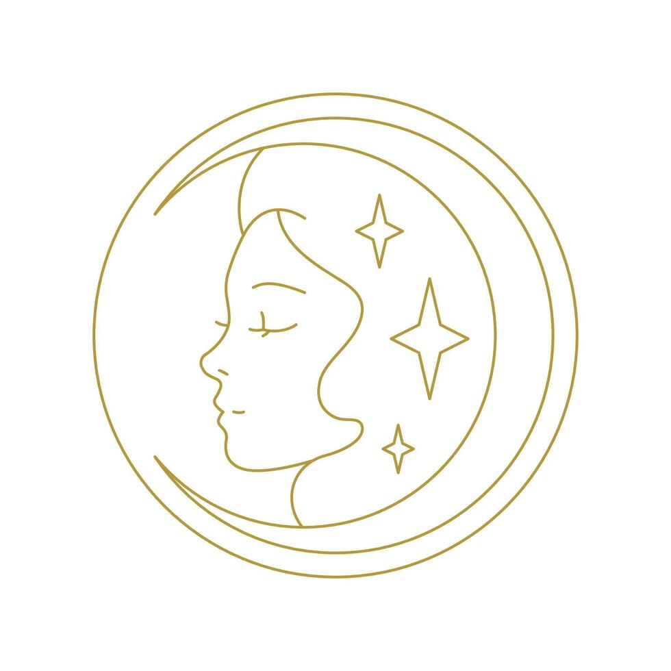 Mysterious spiritual woman dream circle portrait minimal golden line art icon illustration vector