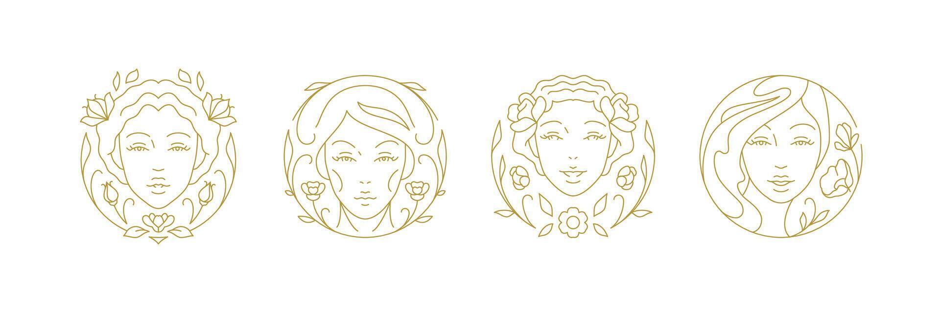 Elegant floral spring woman face circle minimal line art icon set illustration vector
