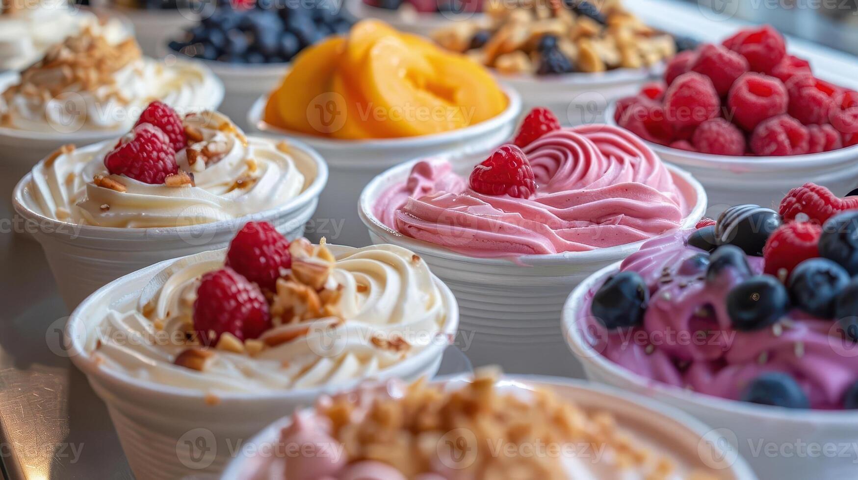 Delicious variety of frozen yogurt topped with fresh fruits and nuts, perfect for a refreshing dessert. photo