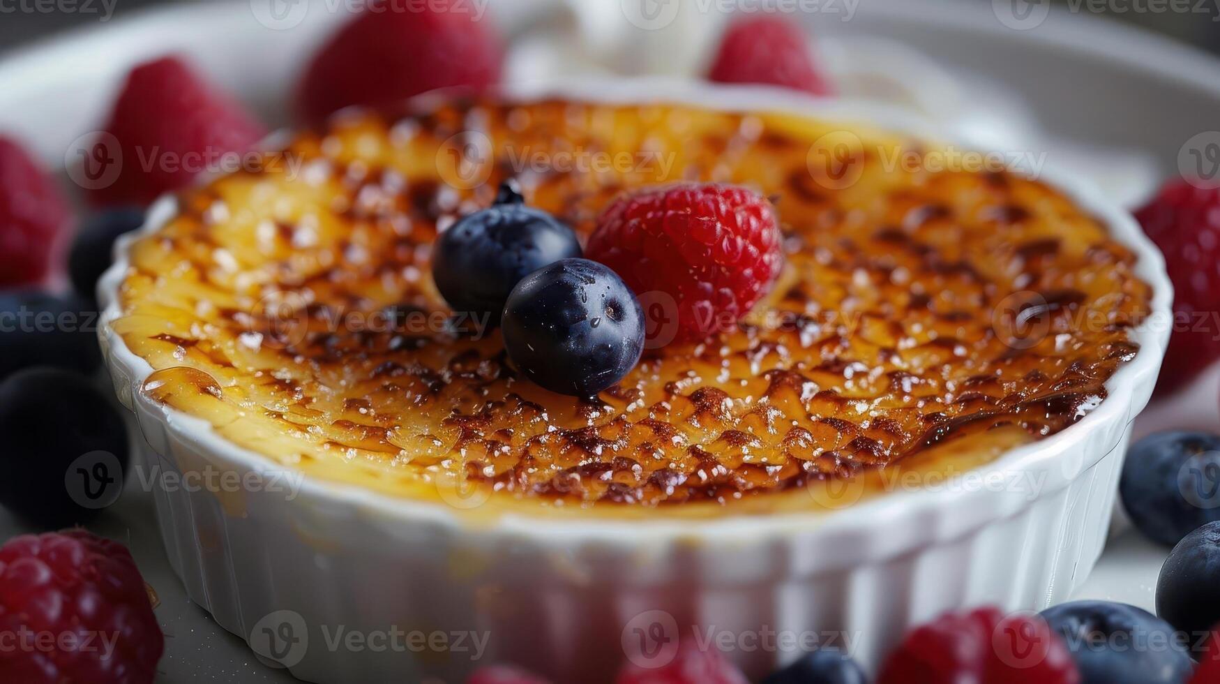 Delicious creme brulee topped with fresh berries, featuring a caramelized sugar crust and creamy custard center. photo