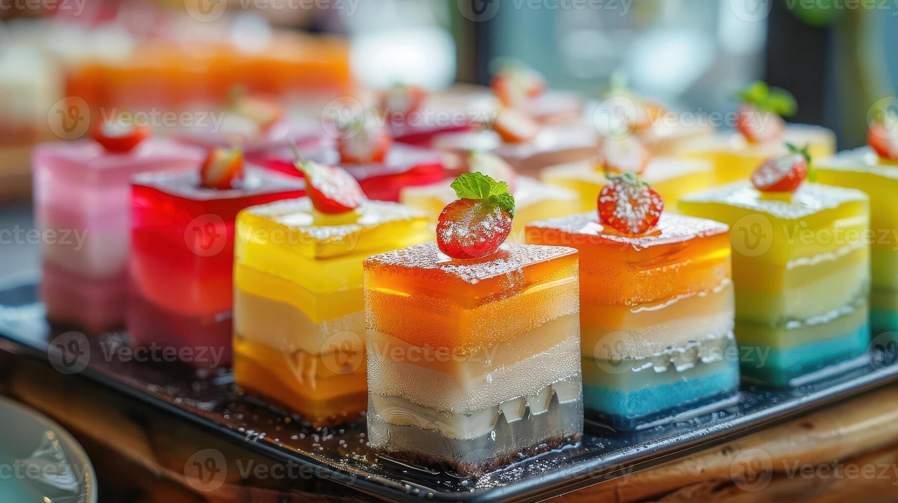 Colorful layered jelly dessert squares garnished with fruits, perfect for a festive event or celebration. photo