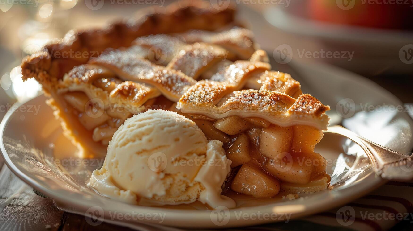 Delicious apple pie served with creamy vanilla ice cream, a perfect dessert for any occasion, evoking warm, comforting memories. photo