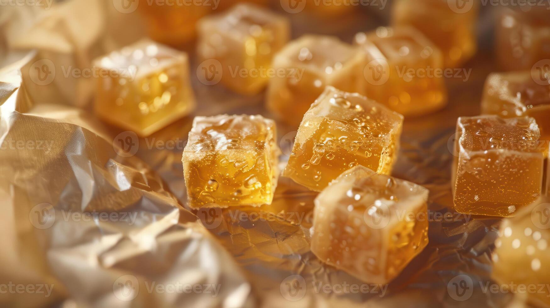 Close-up view of translucent honey cubes sitting on metallic foil, showcasing their rich color and glossy texture. photo