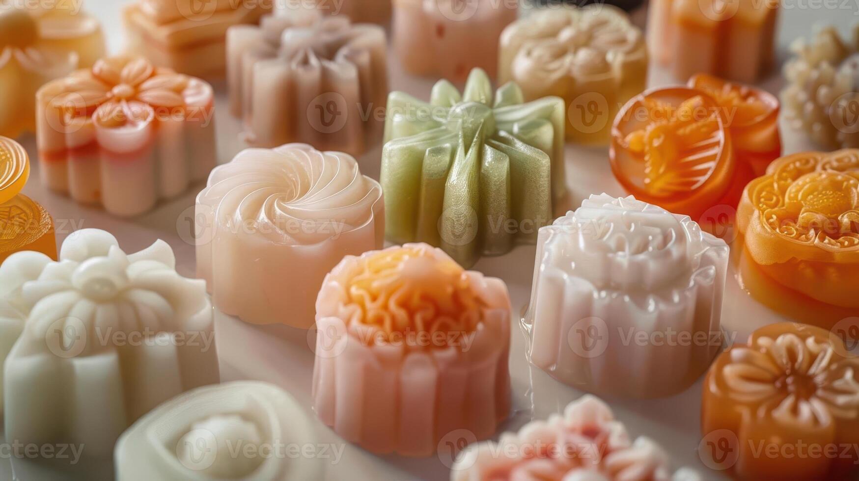 Colorful assortment of decorative soaps showcasing various intricate designs and textures for a luxurious bathing experience. photo