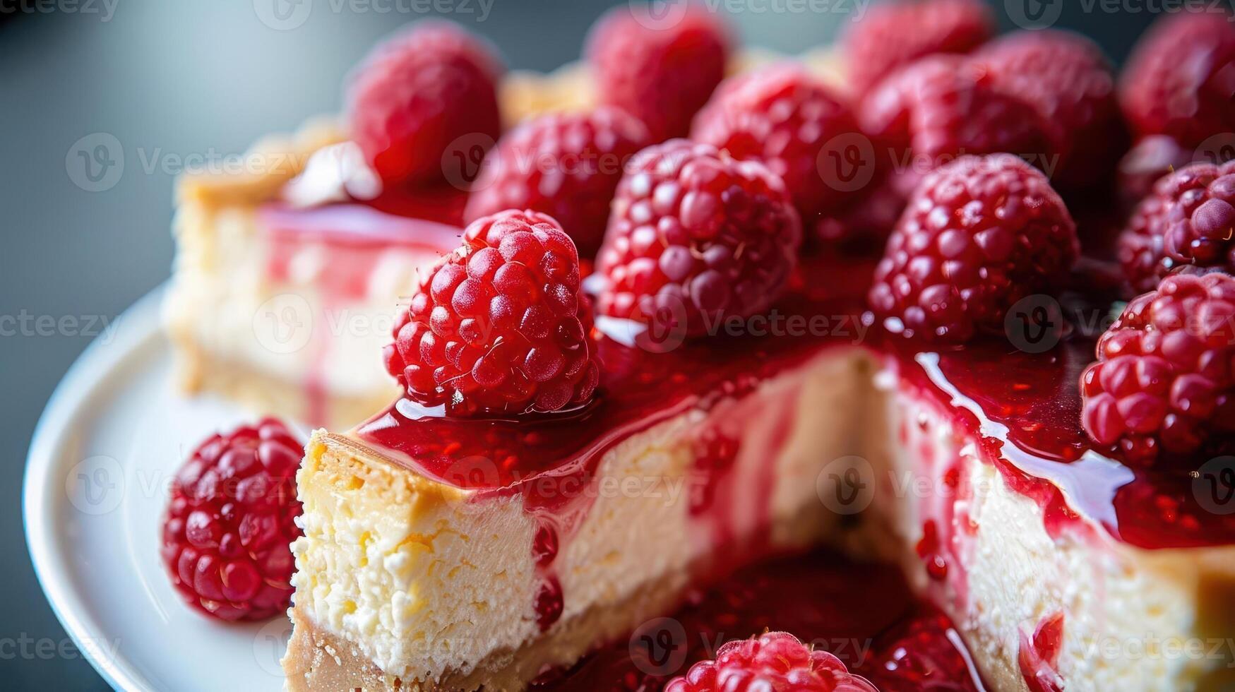 Delicious cheesecake topped with fresh raspberries and a vibrant raspberry sauce, perfect for dessert lovers. photo
