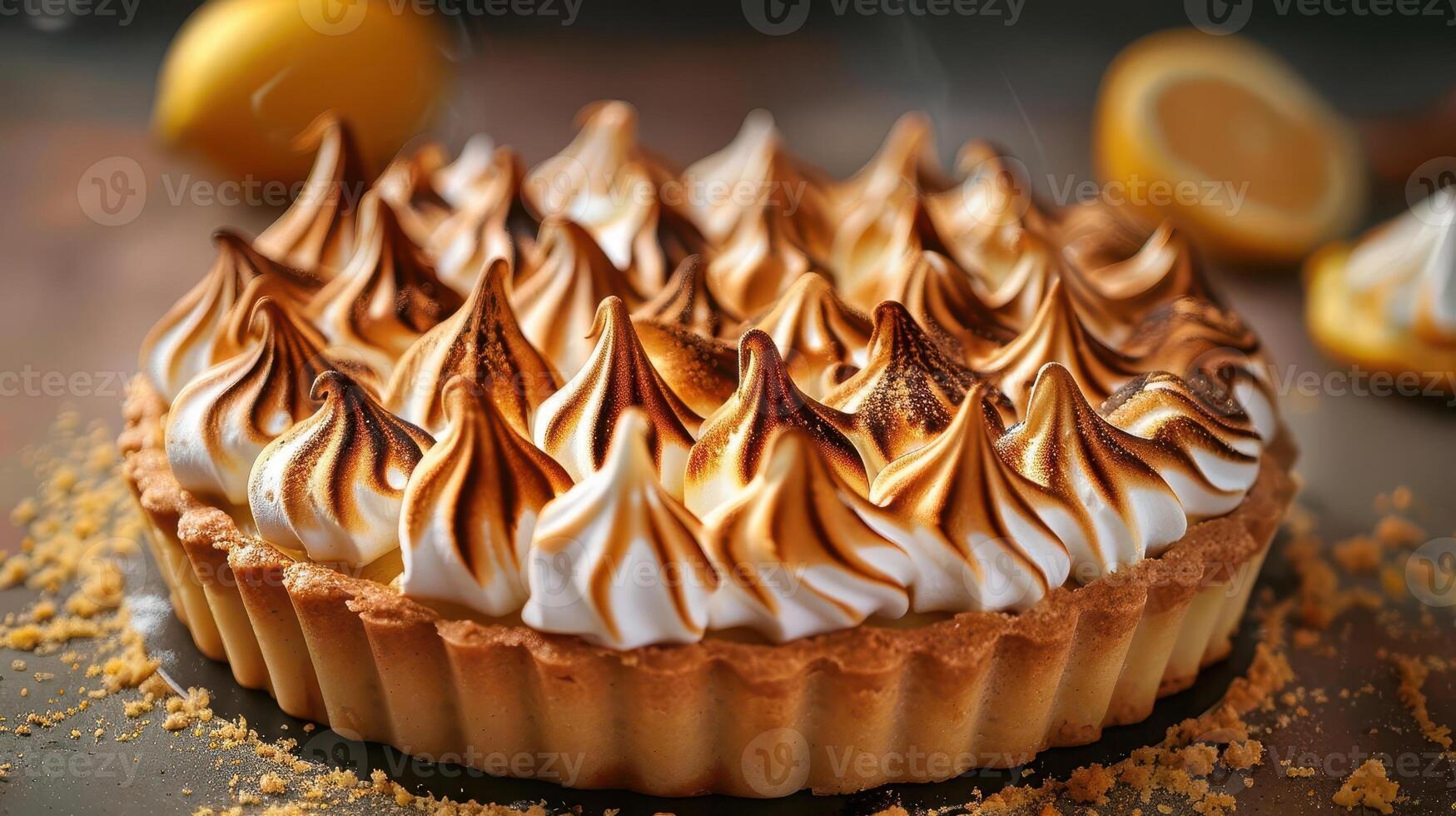 Delicious lemon meringue pie topped with beautifully toasted meringue swirls, perfect for dessert lovers. photo