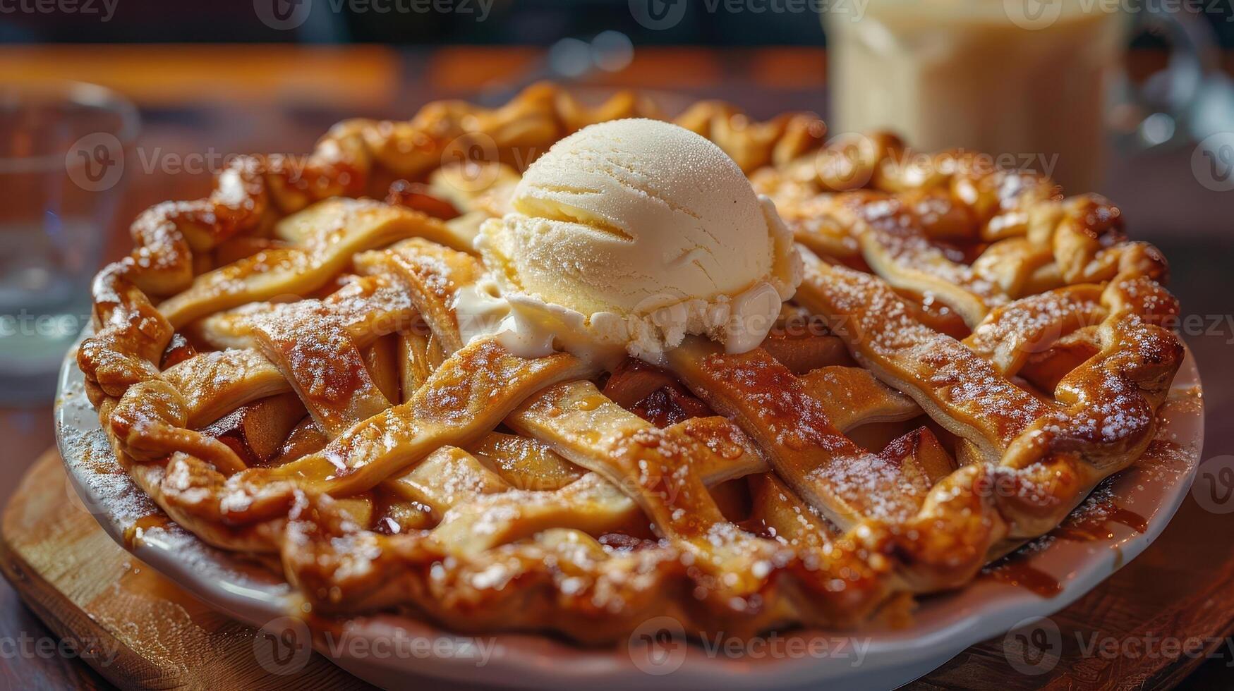 Delicious apple pie topped with creamy vanilla ice cream on a wooden table. Perfect for dessert lovers and culinary enthusiasts. photo