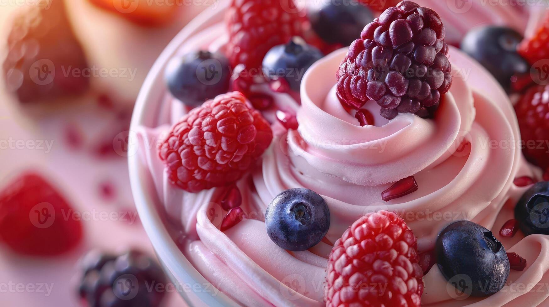 Delicious frozen yogurt topped with fresh raspberries and blueberries, perfect for a refreshing dessert and summertime treat. photo