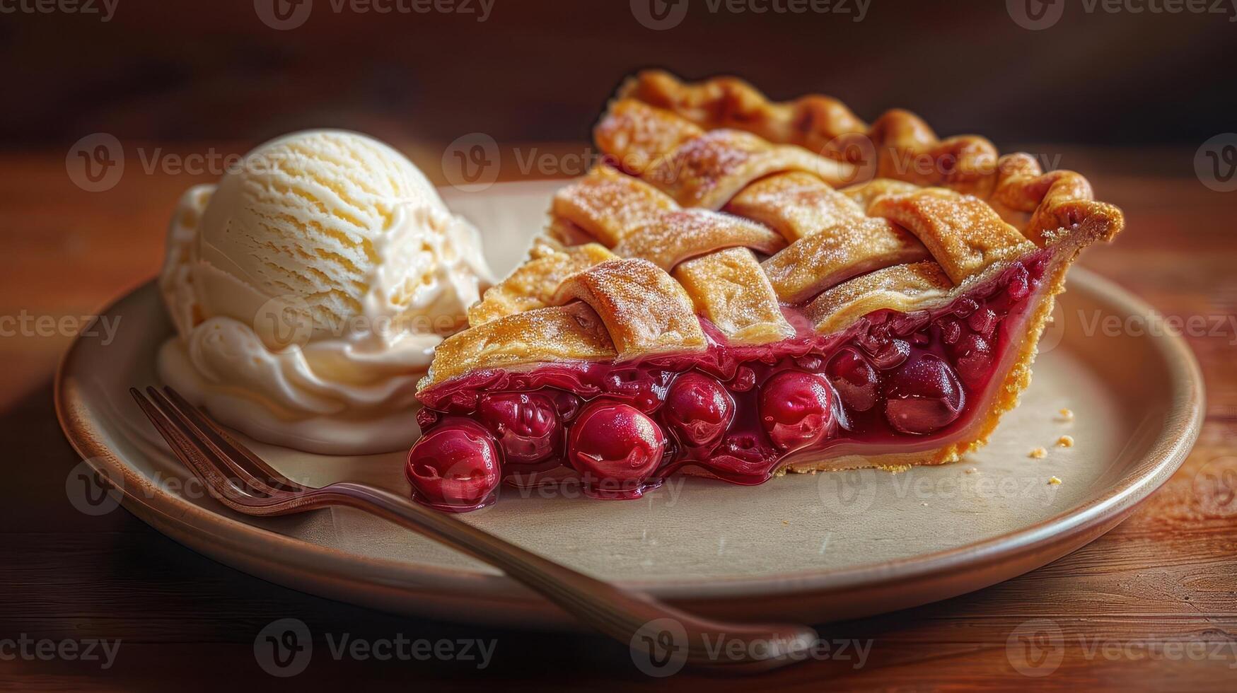 Delicious cherry pie slice served with creamy vanilla ice cream on a rustic wooden table, perfect for dessert lovers. photo