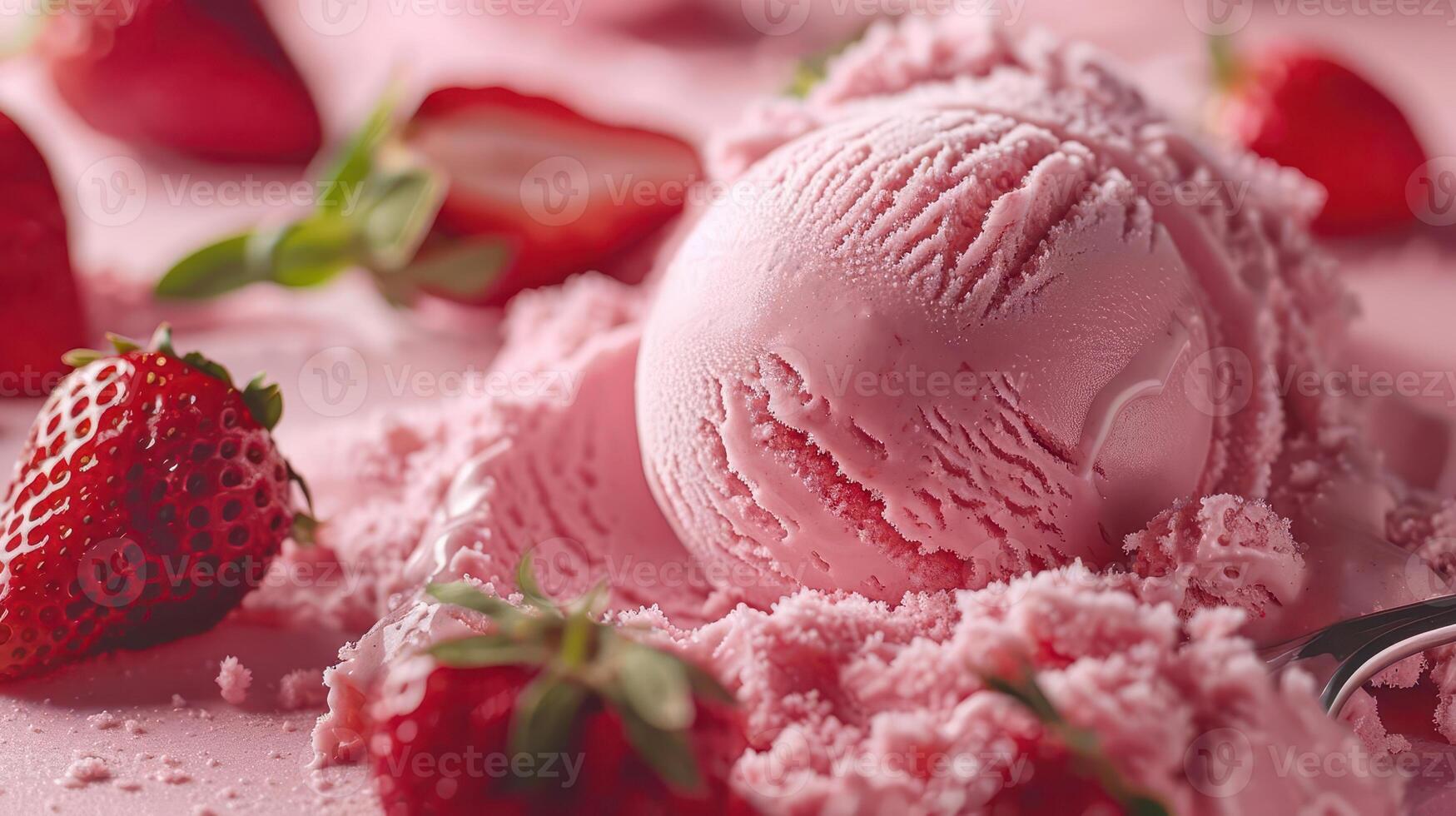 Delicious strawberry ice cream surrounded by fresh strawberries on a pink backdrop, perfect for summer desserts. photo