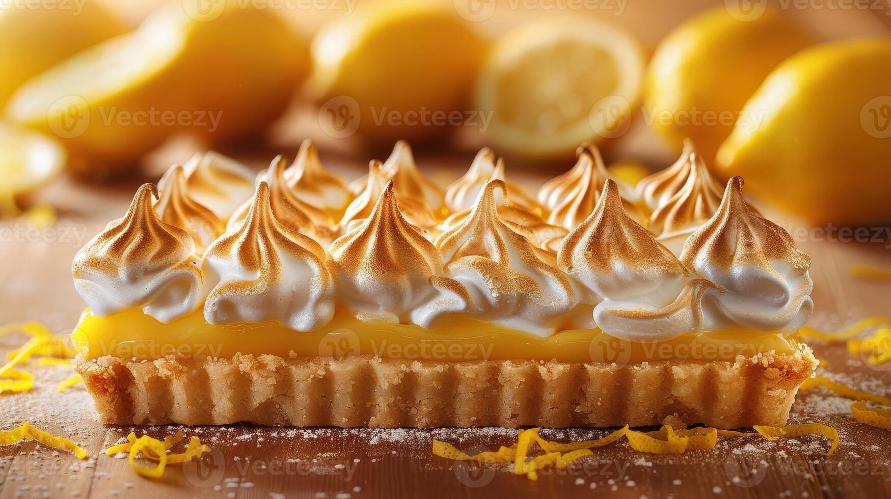 A delicious lemon meringue pie topped with fluffy meringue and served on a wooden table, perfect for dessert lovers. photo