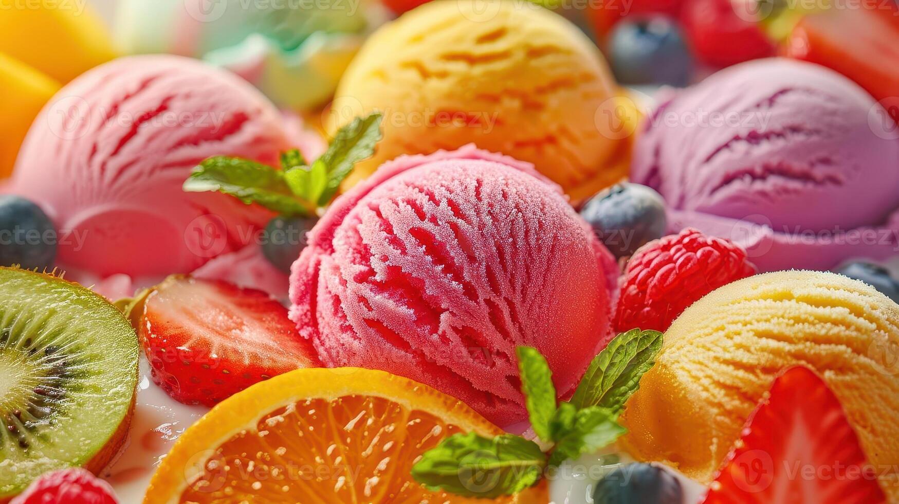 Colorful ice cream scoops surrounded by fresh fruits, a delightful summer treat perfect for any dessert lover. photo