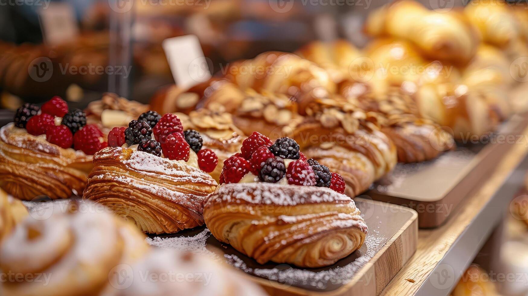 Delicious baked pastries garnished with fresh berries and powdered sugar, perfect for any dessert or bakery display. photo