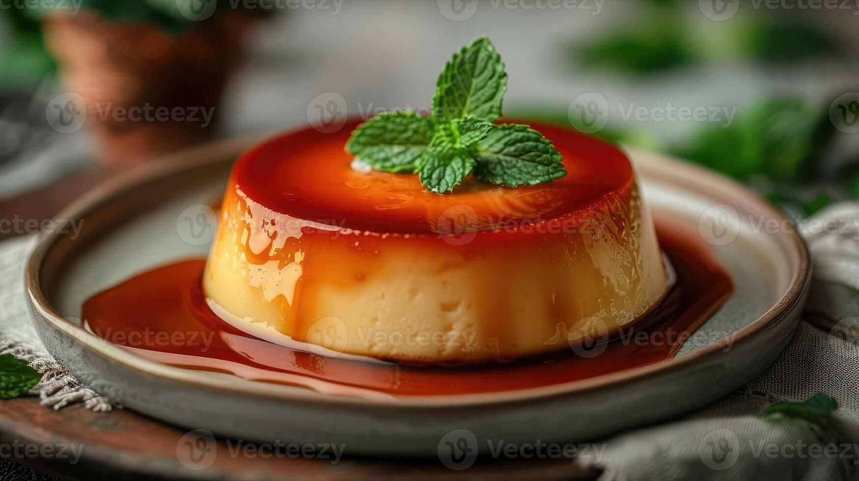 Delicious flan dessert topped with mint leaves, presented on a rustic plate. Perfect for dessert lovers and culinary enthusiasts. photo
