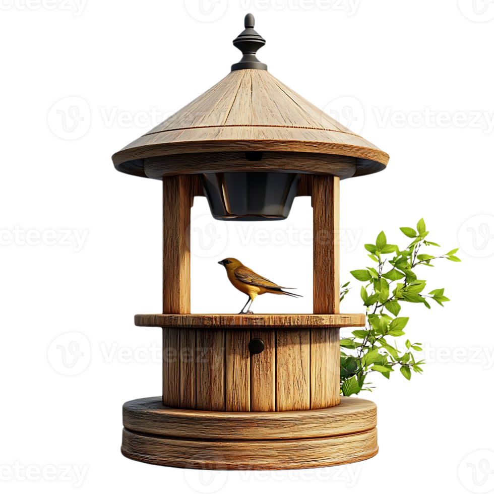 Wooden Bird Feeder with Transparent Background, Designed for Attracting Birds in Your Backyard, Featuring a Bird on a Platform, Perfect for Outdoor Decor png
