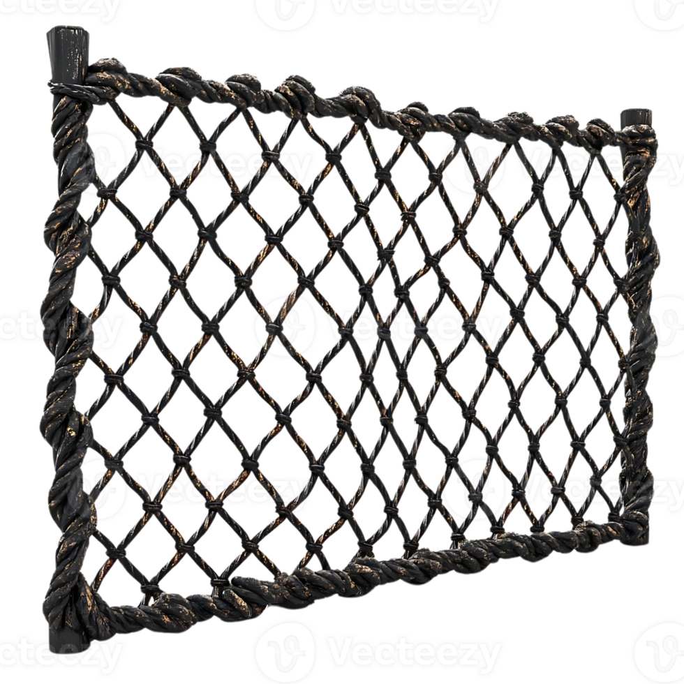 Black and Gold Rope Net Fence, Transparent Background, with Wood Posts, Detailed 3D Rendering png