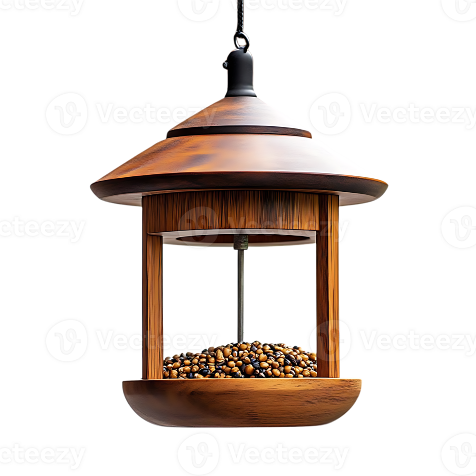Wooden Bird Feeder Hanging with Transparent Background, Rustic Style Birdhouse for Backyard, Bird Feeder with Seeds for Garden, Bird Feeder with Roof, Birdhouse with Clear Background png
