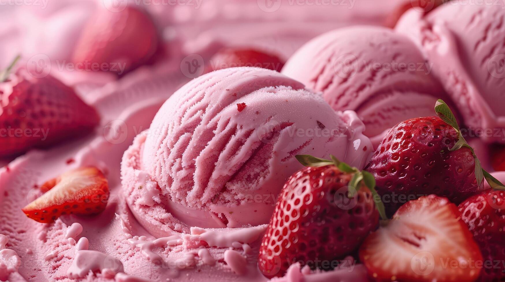 Delicious strawberry ice cream scoops with fresh strawberries. Perfect for summer treats and dessert inspirations. photo